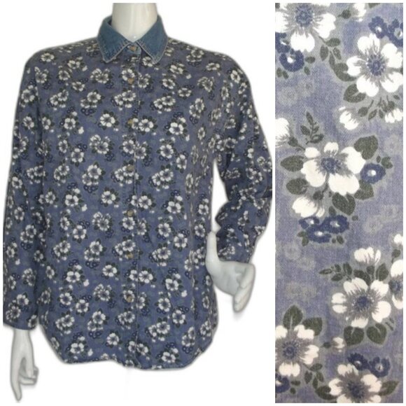 ROUTE 66 Denim Shirt-Jacket, S, Blue Floral, Accent collar, Long sleeve, Buttons - Picture 1 of 11